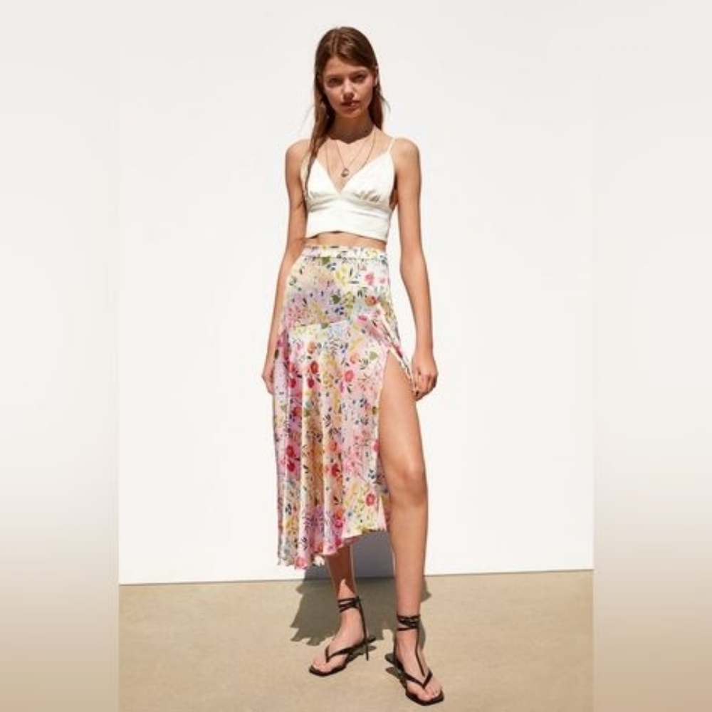 Zara Floral Patchwork Asymmetrical Midi Skirt Boho Cottagecore Wedding Guest S